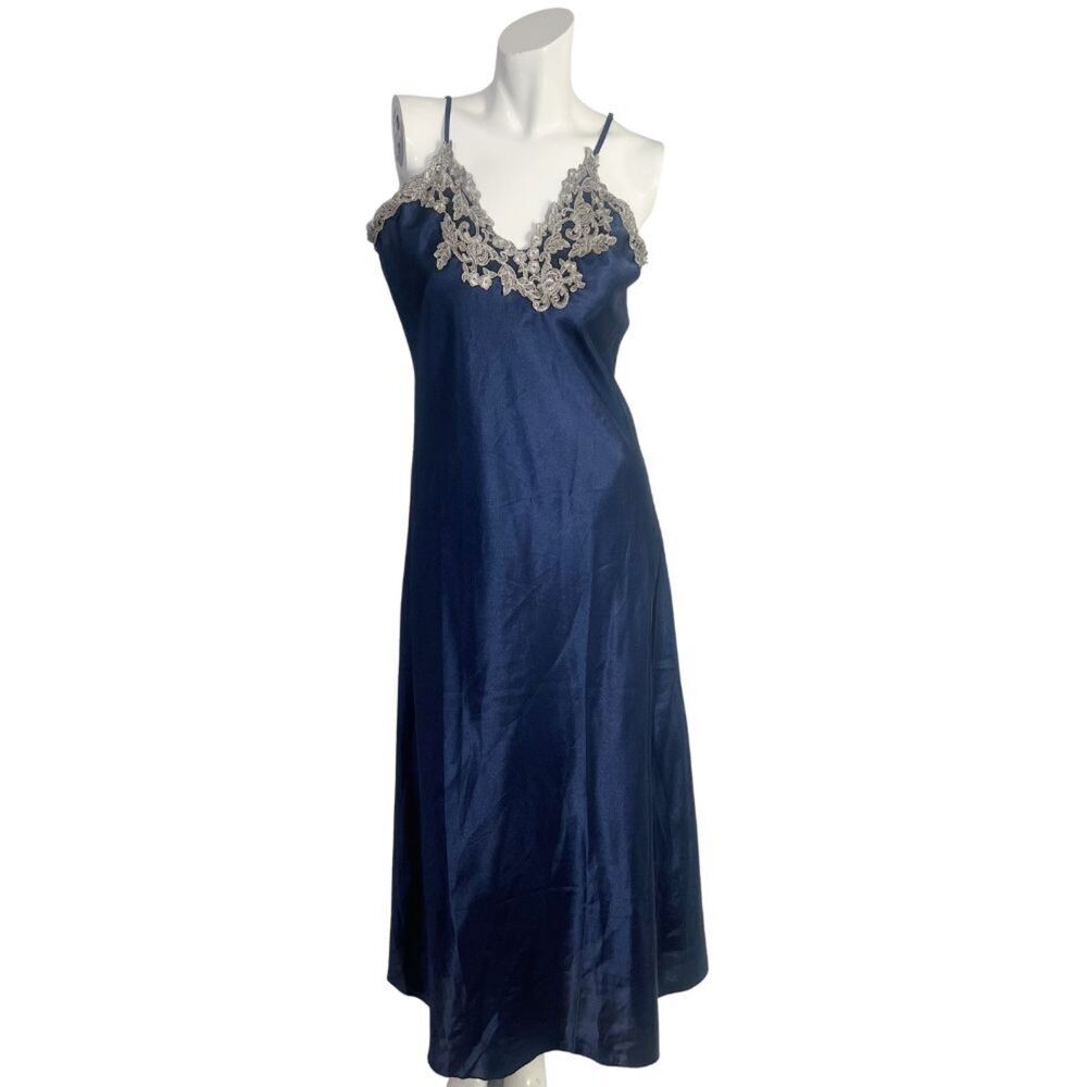 Navy Blue Satin Slip Dress Maxi Dress Silver Lace Women's Size L